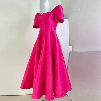DOLLY Elegant Retro Square Neck Short Puff Sleeve Satin Long A-Line Dress-BAMBI