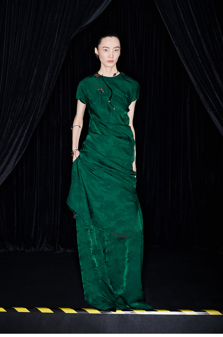 M essential Mackay designer emerald green Jacquard asymmetric top pants set - yellow.