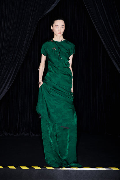 M essential Mackay designer emerald green Jacquard asymmetric top pants set - yellow.