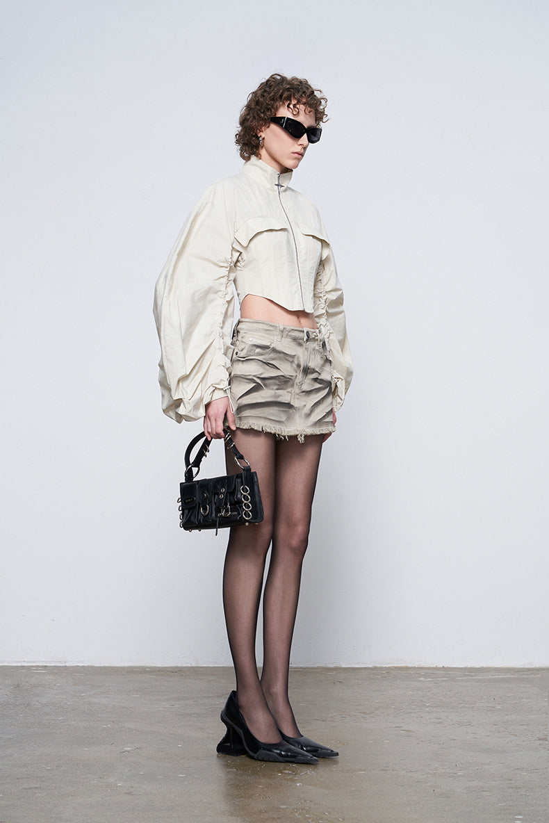 ANNAKIKI Futuristic herringbone shirred slim cropped jacket-KEANE
