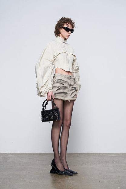 ANNAKIKI Futuristic herringbone shirred slim cropped jacket-KEANE