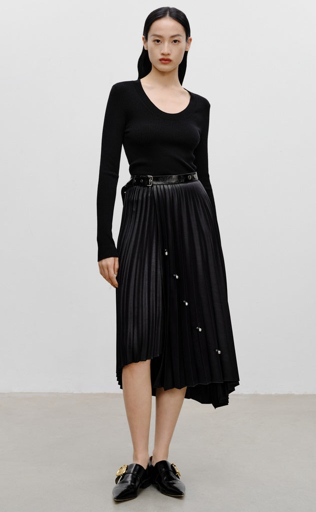 COMME MOI Lv Yan designer women's beaded triacetate commuter skirt - WILLOW.