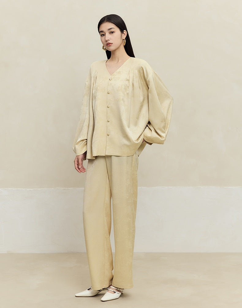 HECO Shan Ting Acetate Jacquard Suit Loose black yellow Top Pants Women - favour.