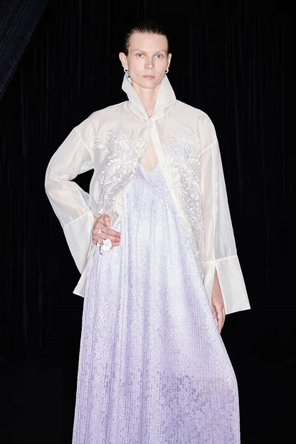 M essential Mackay designer taro lace pleated plunging V-neck dress - MARRY.