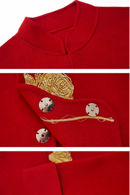 HECO 100% wool Embroidery Red black Short Double-Sided Tweed Jacket Women - out.