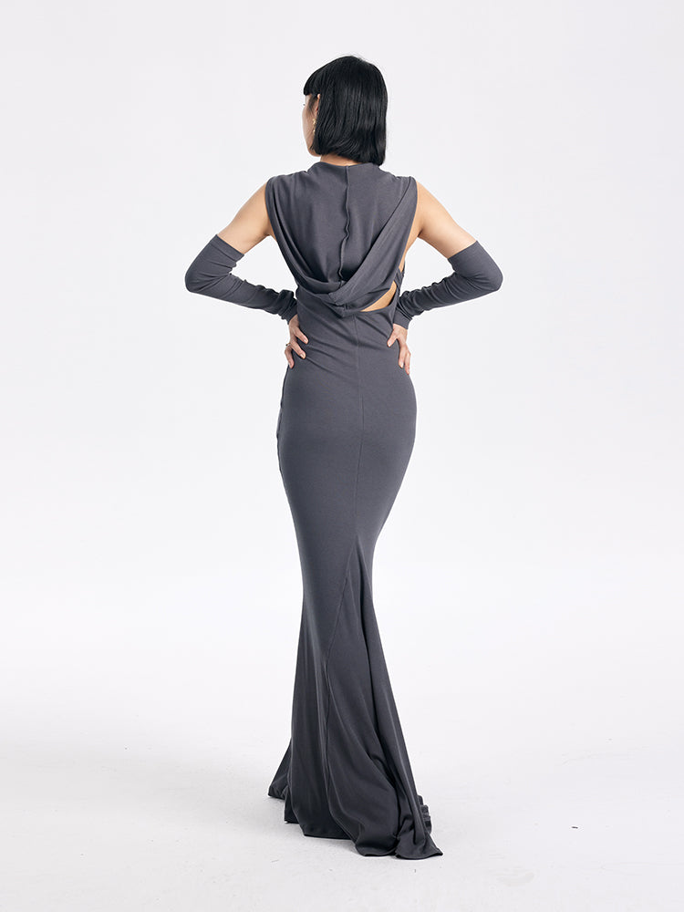 TINY IN sexy hooded backless two-tone fishtail women's dress -ROT