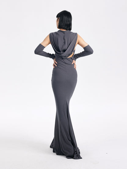 TINY IN sexy hooded backless two-tone fishtail women's dress -ROT