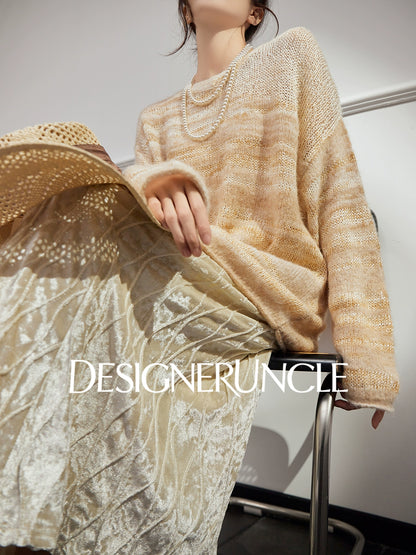 DGU|Orange and yellow sweater women's new soft waxy crew neck loose lazy design knitted top - BASE.