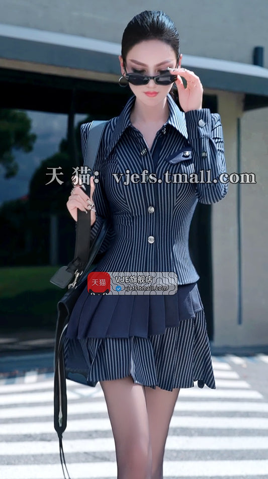 VJE Striped Shirt Pleated Short Skirt Two-Piece Suit Set - PAPA.