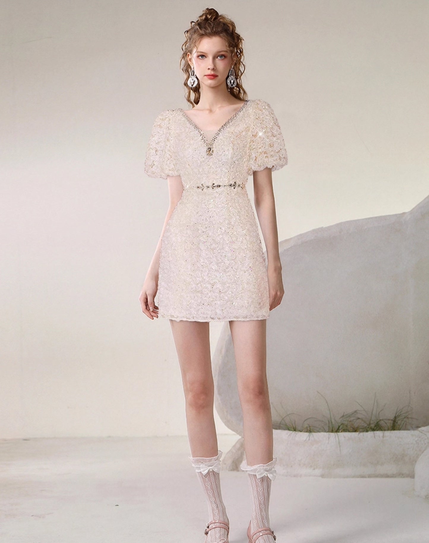 CHECOCRE summer new high-end fashion puff sleeve nail diamond dress - ROAR.