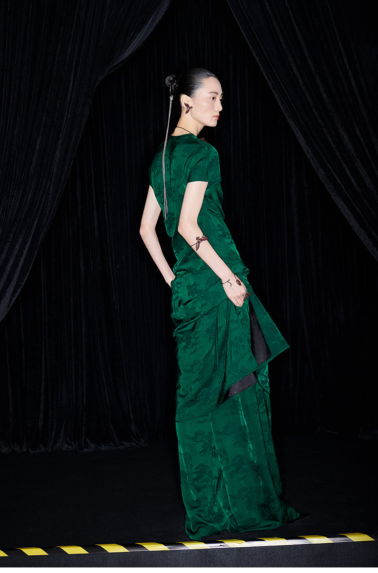 M essential Mackay designer emerald green Jacquard asymmetric top pants set - yellow.