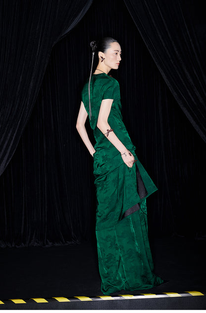 M essential Mackay designer emerald green Jacquard asymmetric top pants set - yellow.