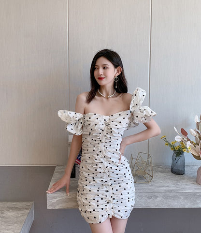DOLLY Elegant White Off Shoulder Short Puff Sleeve Slim Fit Short Polka Dot Dress-MINA