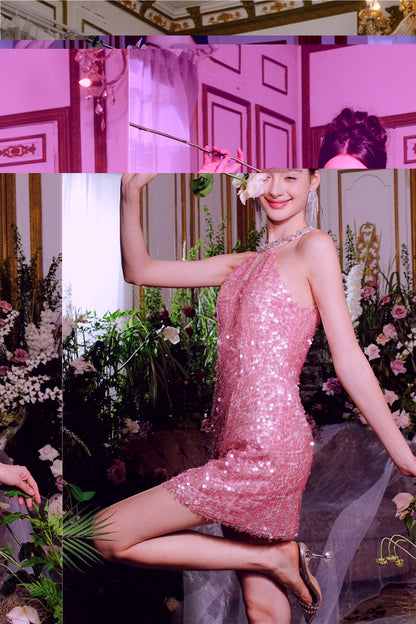 Wardrobes by Chen Luxury Sleeveless halter Sequin Short cocktail Dress- Limmi