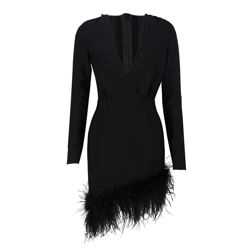 DOLLY Elegant Red/Black Deep V-Neck Long Sleeve Short Feather Date Dress-ARABELLA