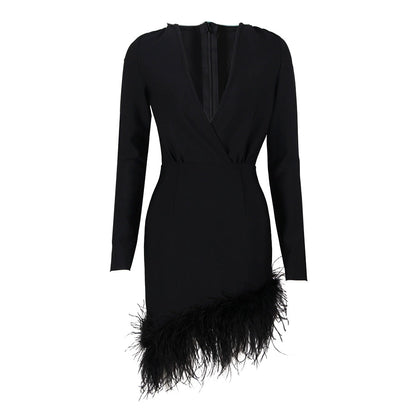 DOLLY Elegant Red/Black Deep V-Neck Long Sleeve Short Feather Date Dress-ARABELLA