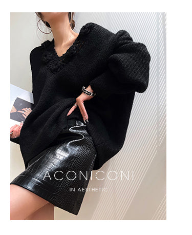 Aconiconi|Purple Flower Crochet openwork long cropped loose wool knit sweater  dress - Twilight