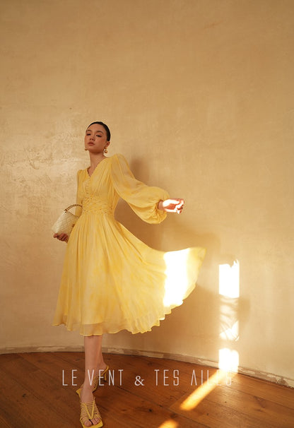 LE VENT&TES AILES 100% Silk French Haute Smudge V-Neck midi yellow Dress - FAYE