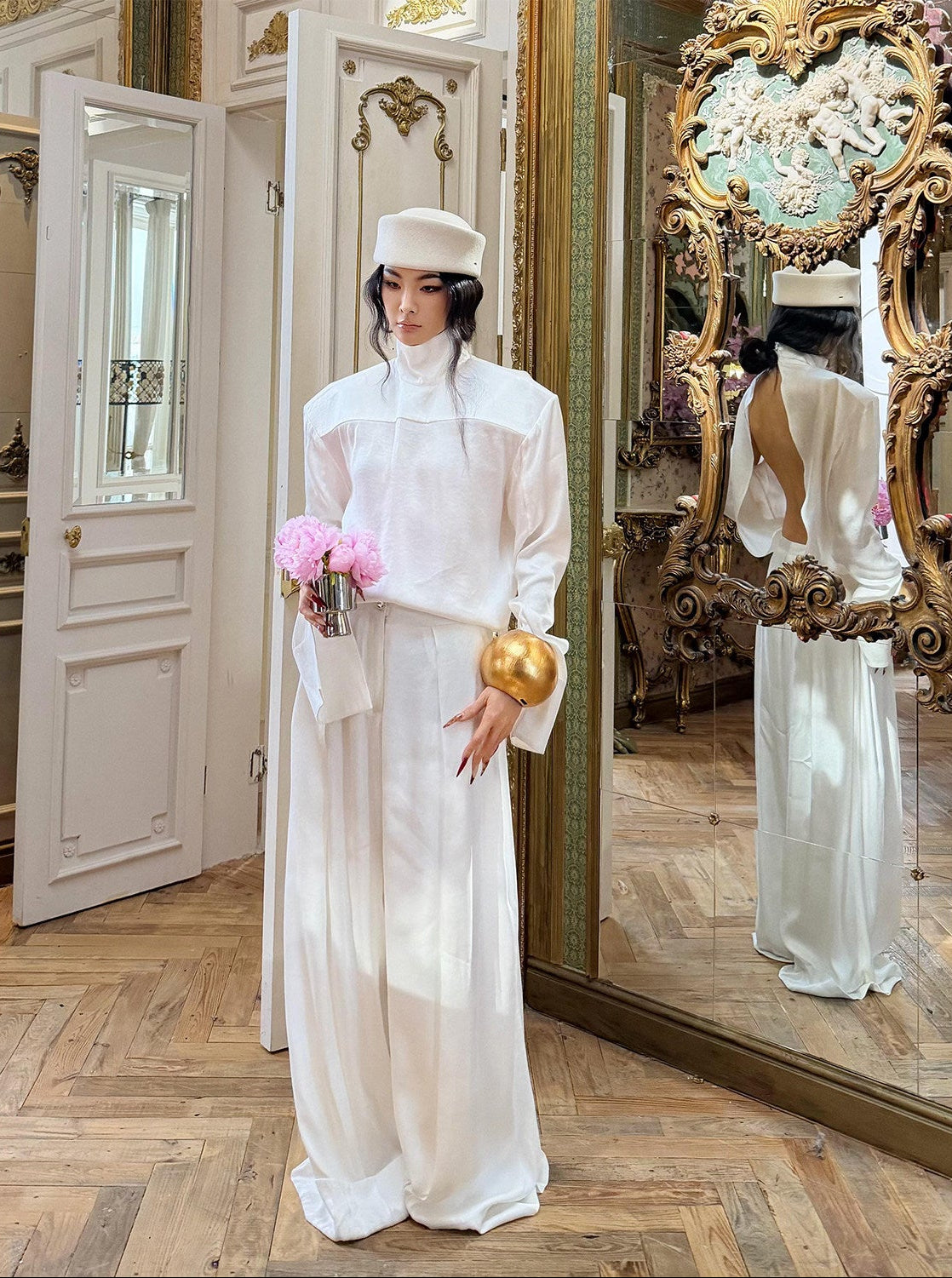 MEI SANGUAN High-Neck Backless Top & Wide-Leg Slacks Suit - AVA