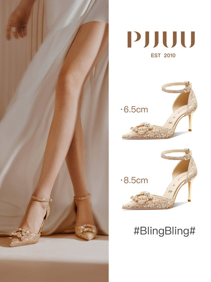 PJJUU beautiful square buckle rhinestone high heel shoes - QUEEN.