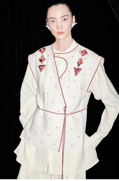 M essential Mackay's stone-embellished mosaic embroidered gilet vest blazer pant set - feb.