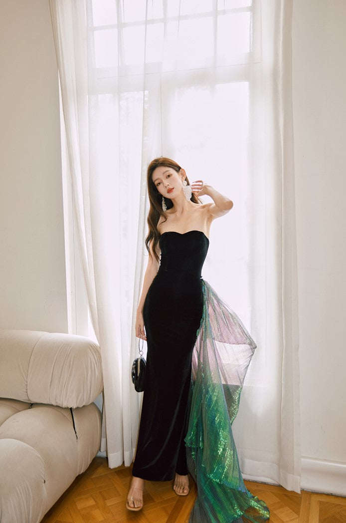 DOLLY Elegant Black Bandeau Sleeveless Long Body Hug Sexy Dinner Dress-CARA XS / Black (Removable Green Streamer) DOLLY Elegant Black Bandeau Sleeveless Long Body Hug Sexy Dinner Dress-CARA XS / Black (Removable Green Streamer)
