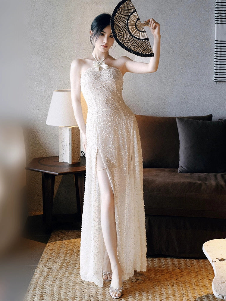 Wardrobes by Chen Luxury French Embroidered Butterfly Halter neck slick Dress- Kara