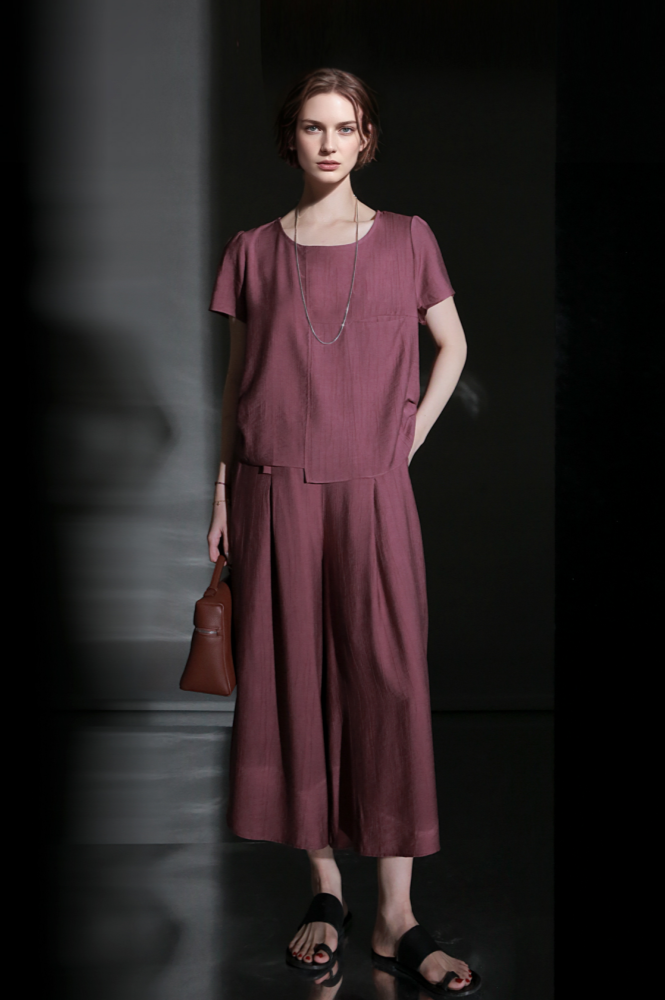 PIAOIN textured linen silk loose wide-leg cropped pants set summer-GISELLE.