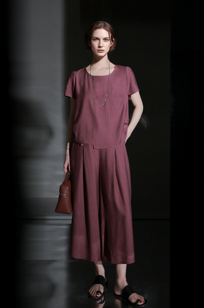 PIAOIN textured linen silk loose wide-leg cropped pants set summer-GISELLE.