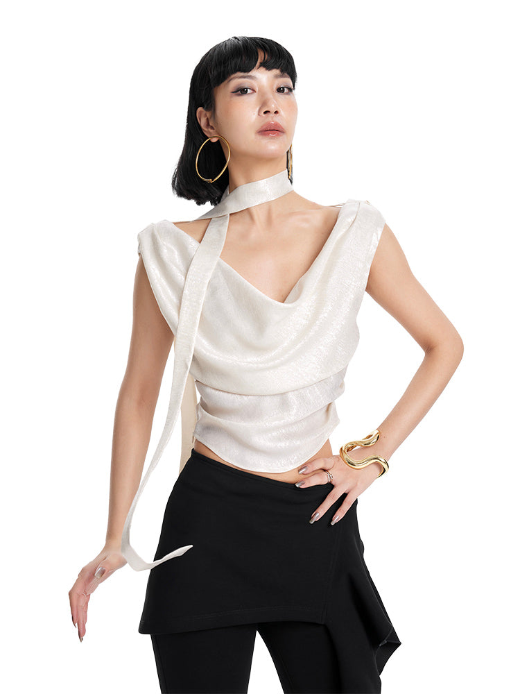 TINY IN Irregular Streamer Swing Neck Pleated Top - OSCA