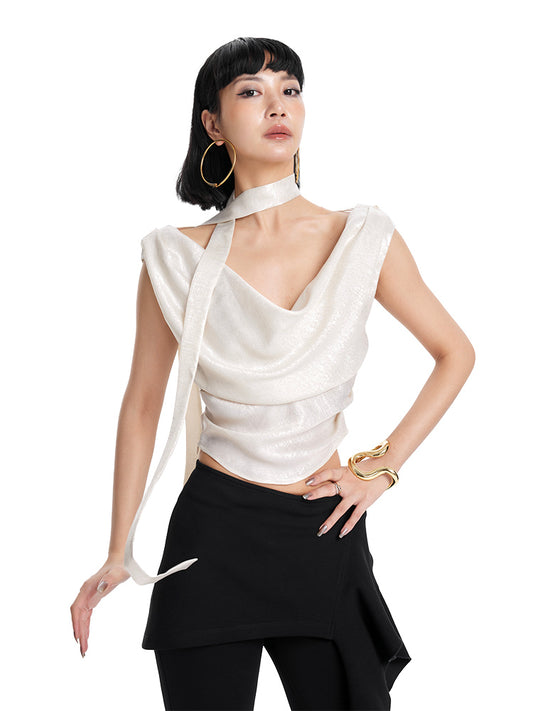TINY IN Irregular Streamer Swing Neck Pleated Top - OSCA