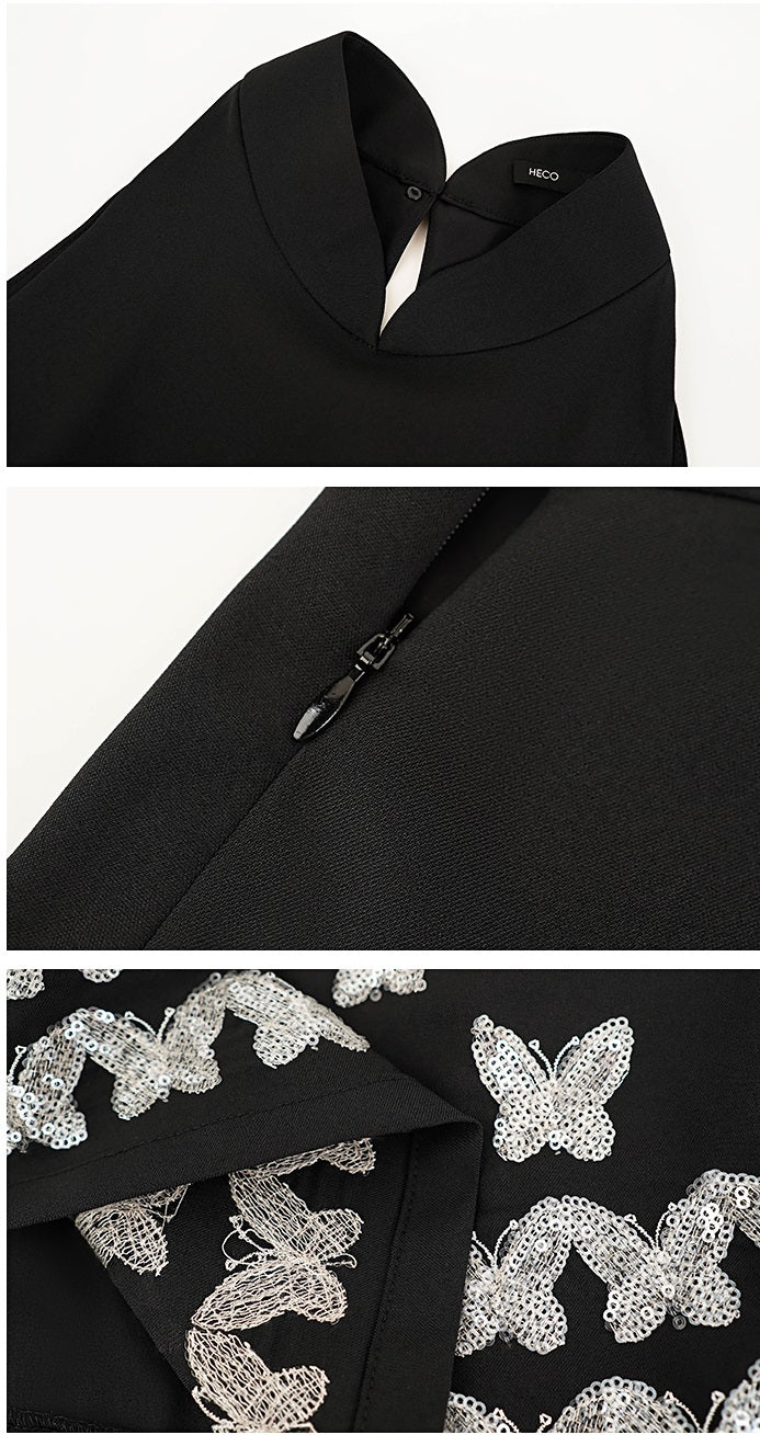 HECO Chinese butterfly sequin fake two-piece dress - CROWN.