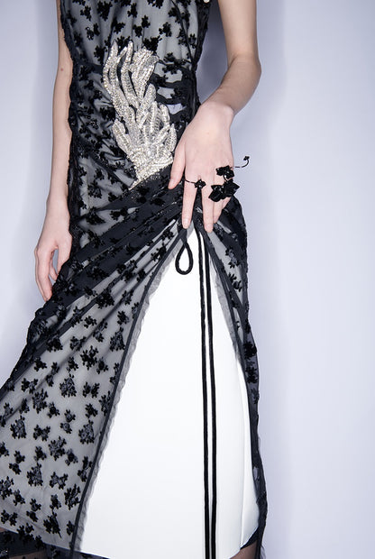 M essential Mackay designer Dot Rose jacquard iris embroidered folded dress - ceaser.