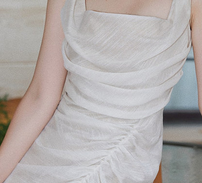 DOLLY High End White Retro Style Sleeveless Long Pleated Slit Cocktail Dress-SARAI