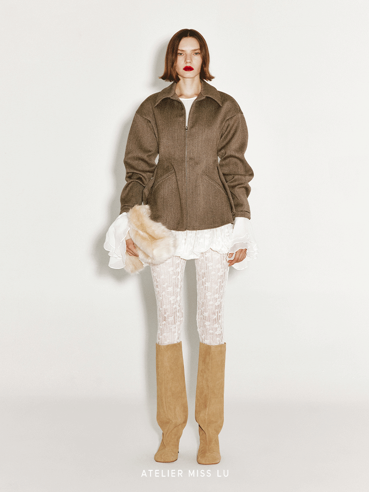 ATELIER MISS LU silhouette hem wool waist-cinching zip-up jacket - TOVE.
