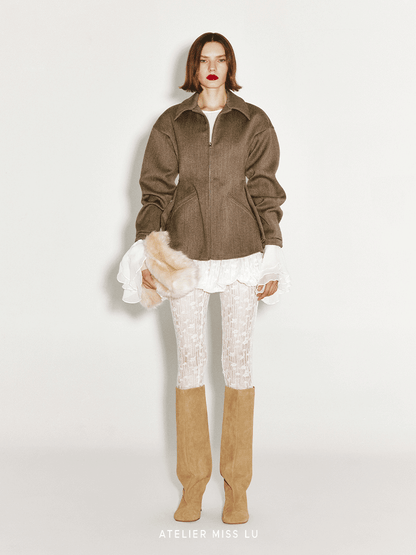ATELIER MISS LU silhouette hem wool waist-cinching zip-up jacket - TOVE.
