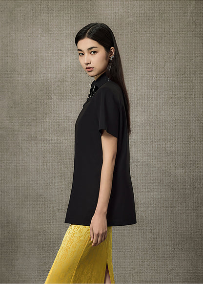 HECO Summer Handmade Orchid Winding Mandarin Neckline Short Sleeve Top - FLIGHT.