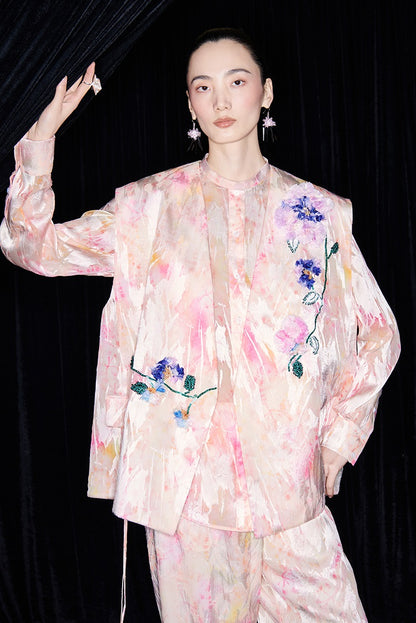 M essential Mackay designer iridescence crepe workshop raffia multi-floral gilet - STEPH.