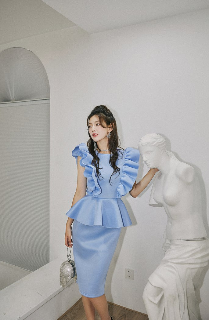 DOLLY High End Blue Crew Nek Ruffled Flying Sleeve Midi Office Dress-BELLONA