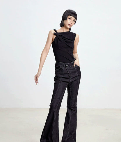 TINY IN black flared women's stitched versatile jeans-RIZU