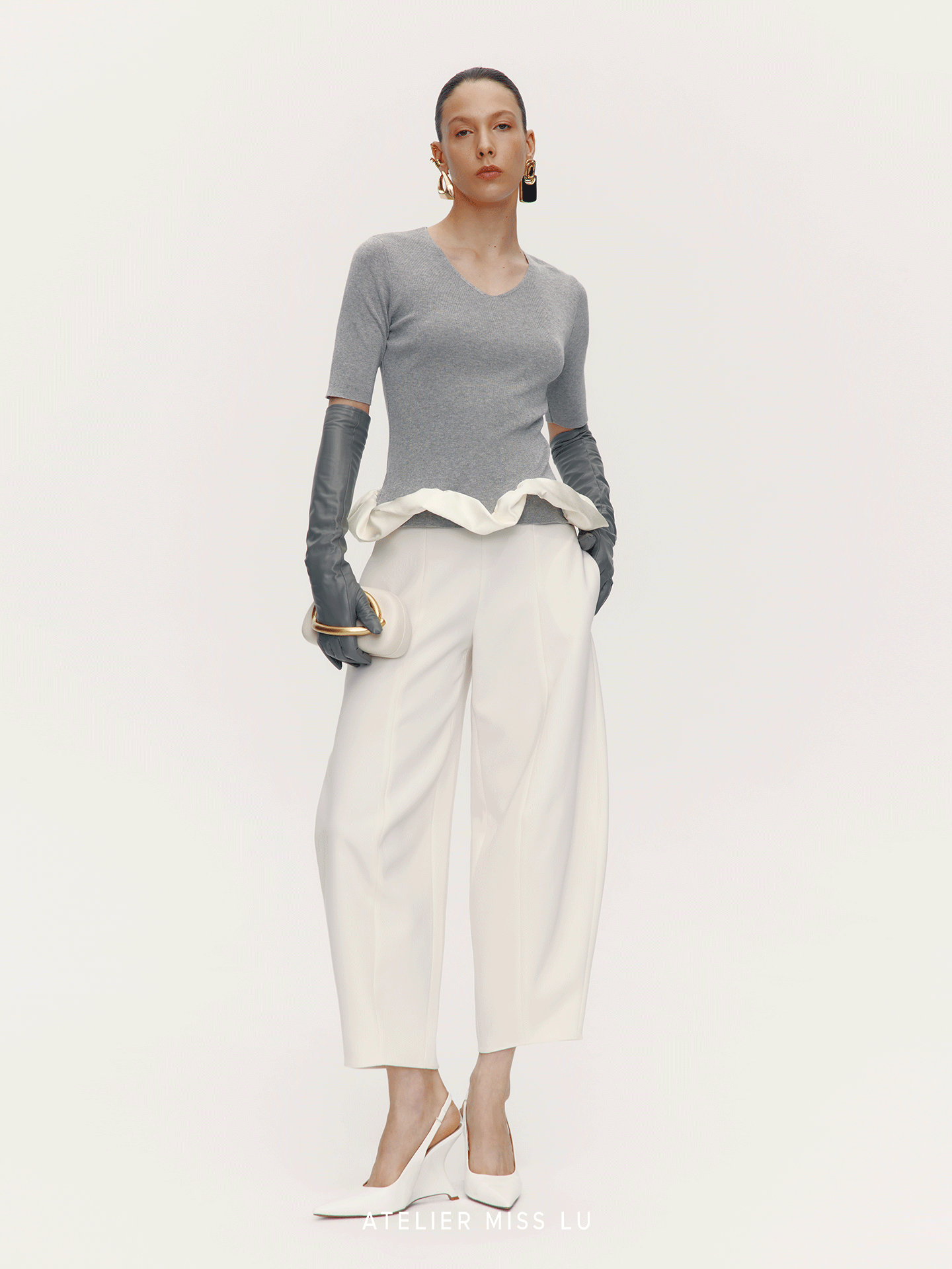 ATELIER MISS LU [Rotating Ballet] Hem Cloud Wrap Paneled V-Neck Knit Top - ZAIN.