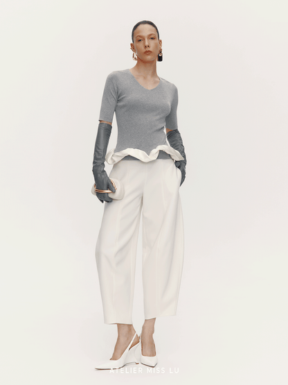ATELIER MISS LU [Rotating Ballet] Hem Cloud Wrap Paneled V-Neck Knit Top - ZAIN.