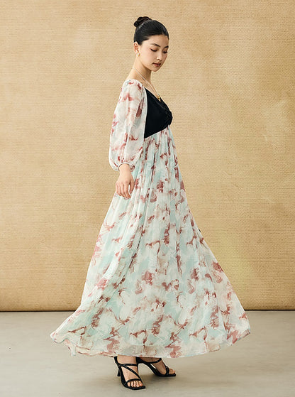 HECO Chinese V-neck camisole chiffon print long dress - BUSE.