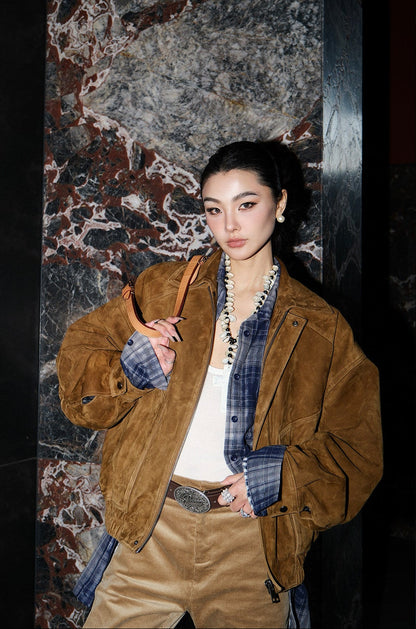 MEI SANGUAN Caramel Suede French Retro Genuine Leather Jacket - AIKO