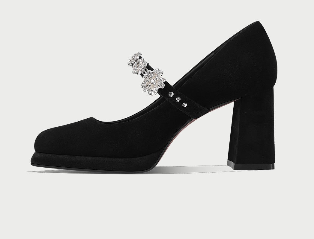 PJJUU Mary Jane black thick shoes with rhinestones - SWADE.