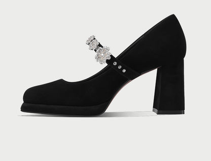 PJJUU Mary Jane black thick shoes with rhinestones - SWADE.