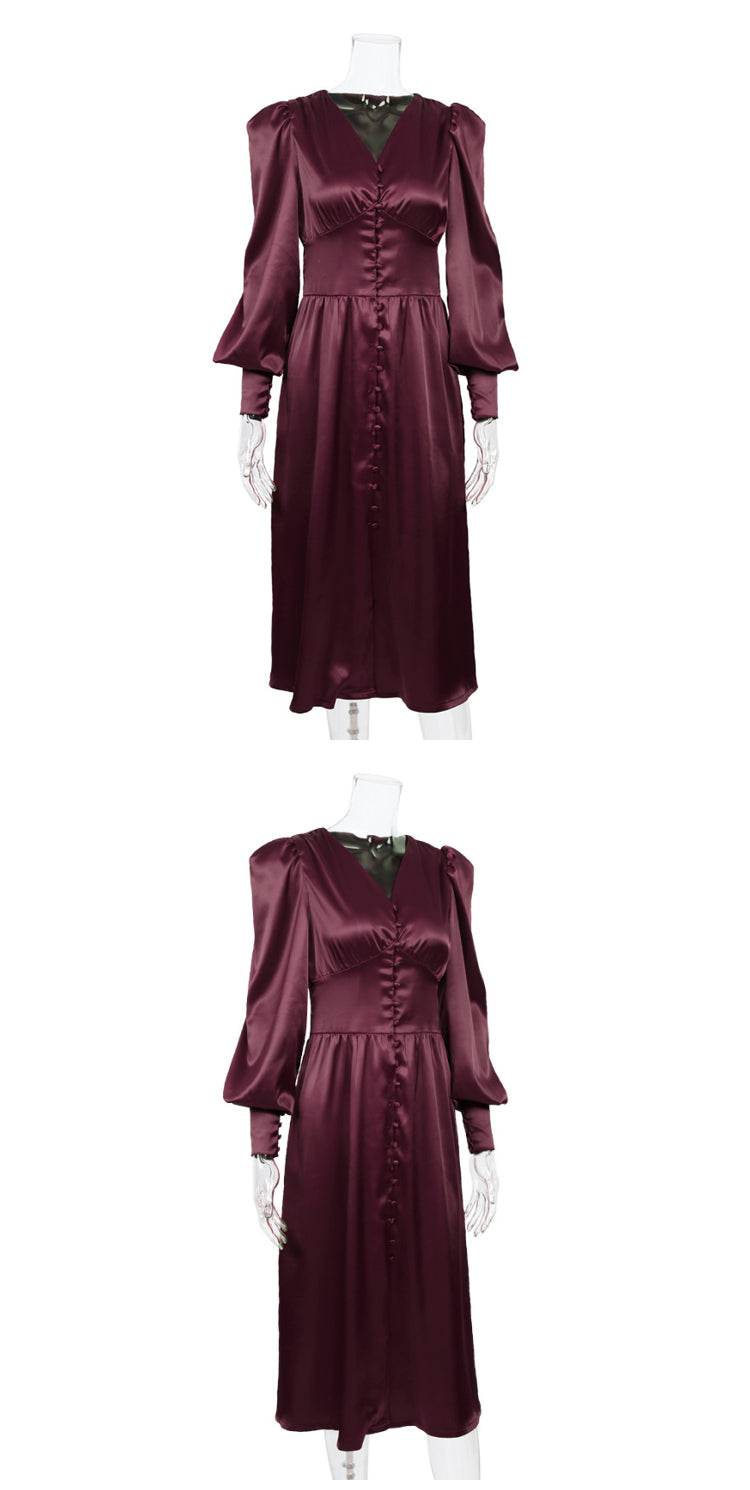 DOLLY Elegant V-Neck Long Lantern Sleeve Long Button Church Dress-NANA