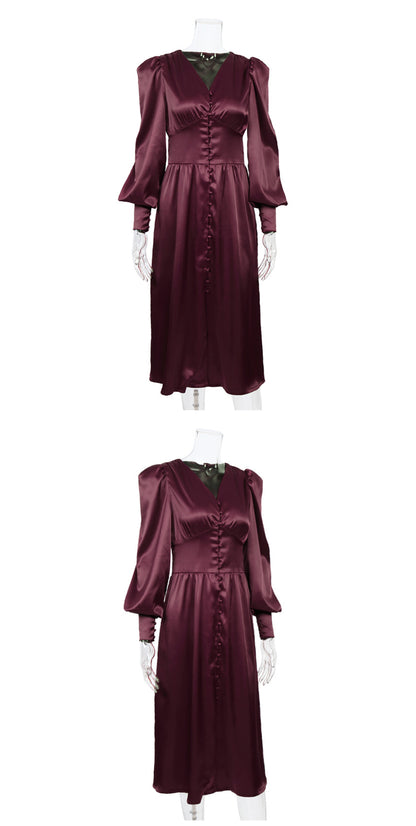 DOLLY Elegant V-Neck Long Lantern Sleeve Long Button Church Dress-NANA