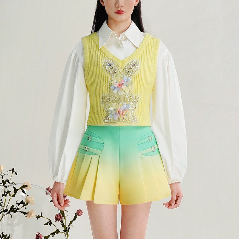 CHECOCRE Balloon Sleeve Shirt With Diamond Vest Gradient Shorts Suit - DESPERADO