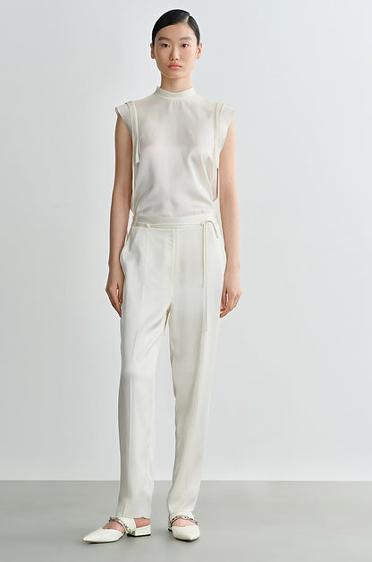 COMME MOI Lv Yan Designer Summer Acetate Satin Strappy White Tapered Pants -SUMMER.